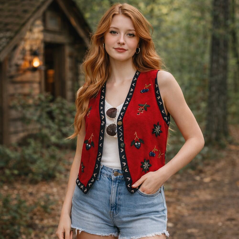 Vintage 1980s Erika Classics Red Felted Wool Cottagecore  Embroidered Vest L